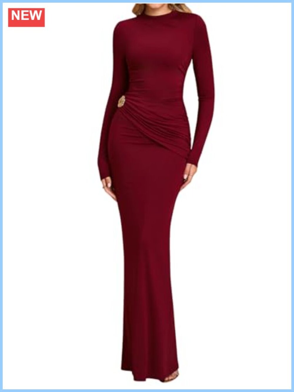 Long Sleeve Bodycon Maxi Dress Mock Neck Ruched Formal Wedding Guest